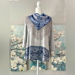 OneWorld Blue and Gray Top with Detachable Tasseled Scarf